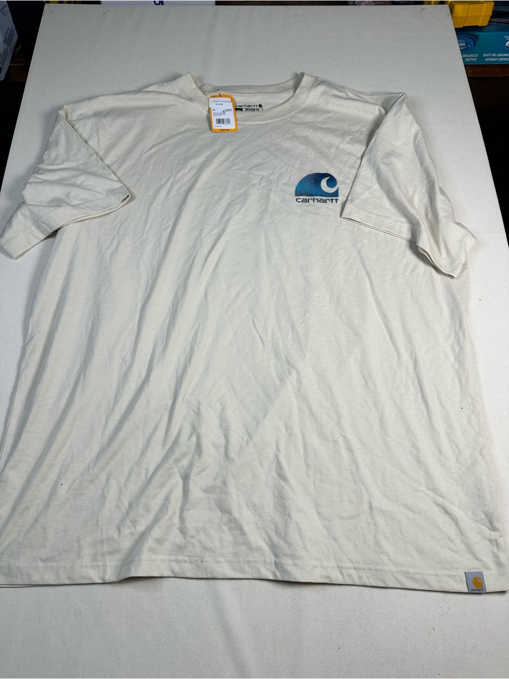 Carhartt Men’s Cream Short-Sleeve T-Shirt with Blue Logo
